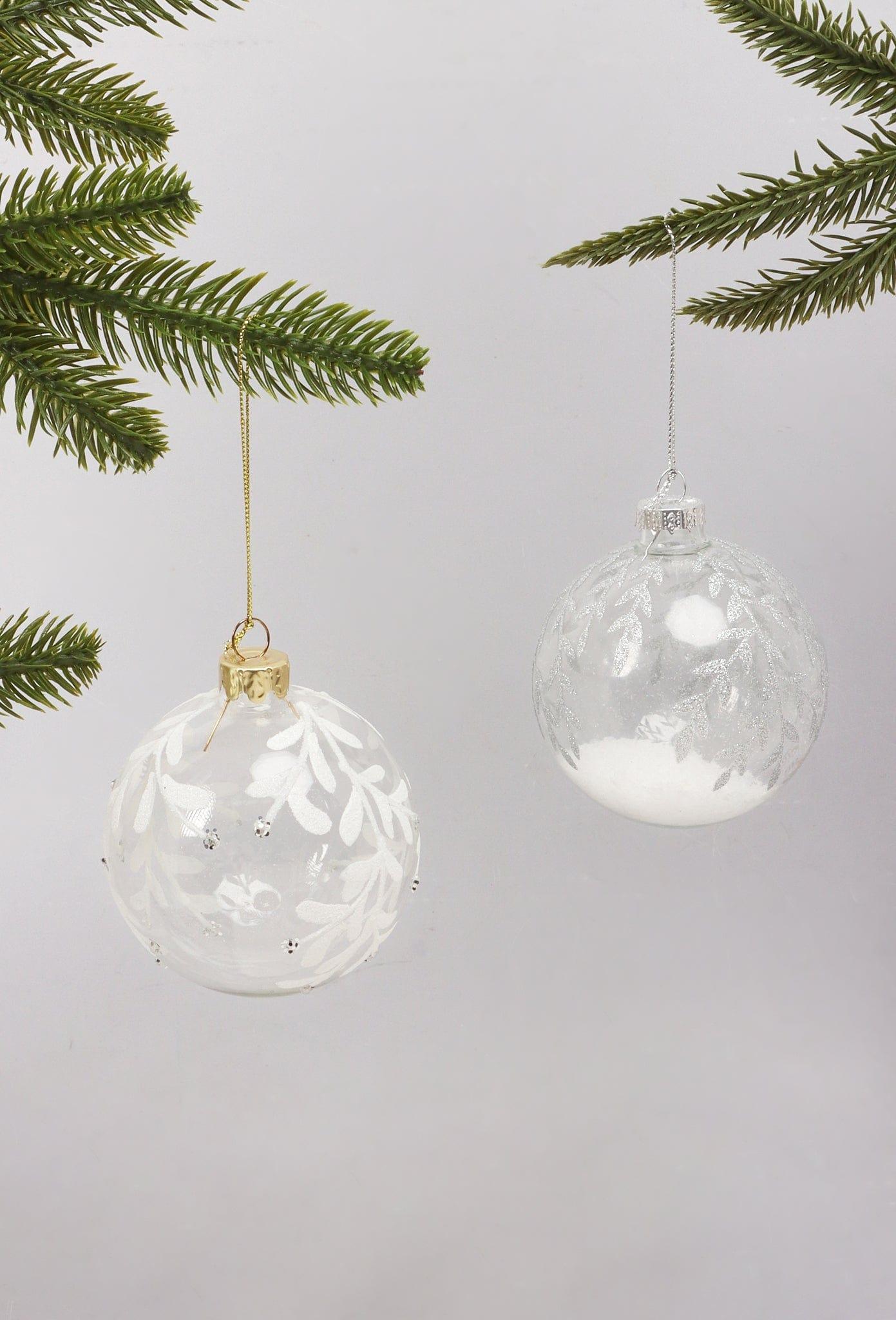 G Decor Christmas Decorations Assorted Glass Christmas Tree Baubles with Glittery Plant Designs