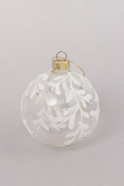 G Decor Christmas Decorations White Glass Christmas Tree Baubles with Glittery Plant Designs