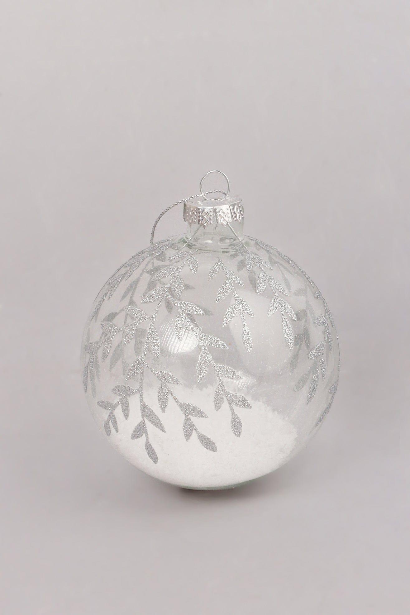 G Decor Christmas Decorations Silver Glass Christmas Tree Baubles with Glittery Plant Designs