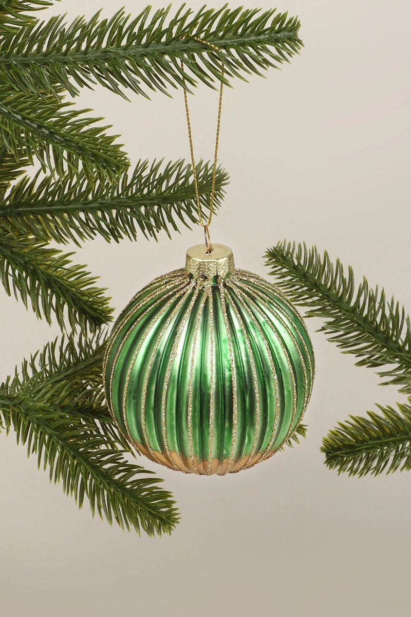 Green and Gold Ribbed Glass Christmas Tree Bauble
