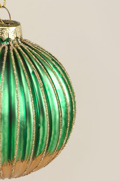 G Decor Christmas Decorations Green Glass Green and Gold Ribbed Christmas Tree Decoration