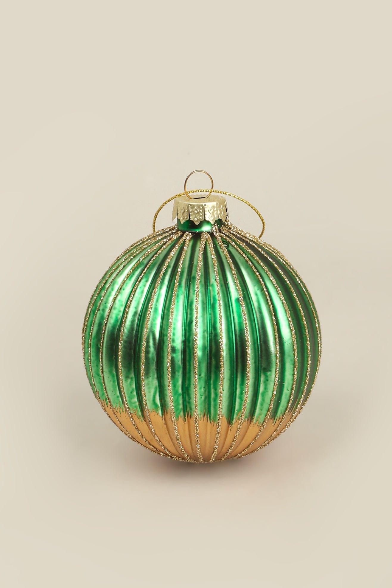 G Decor Christmas Decorations Green Glass Green and Gold Ribbed Christmas Tree Decoration