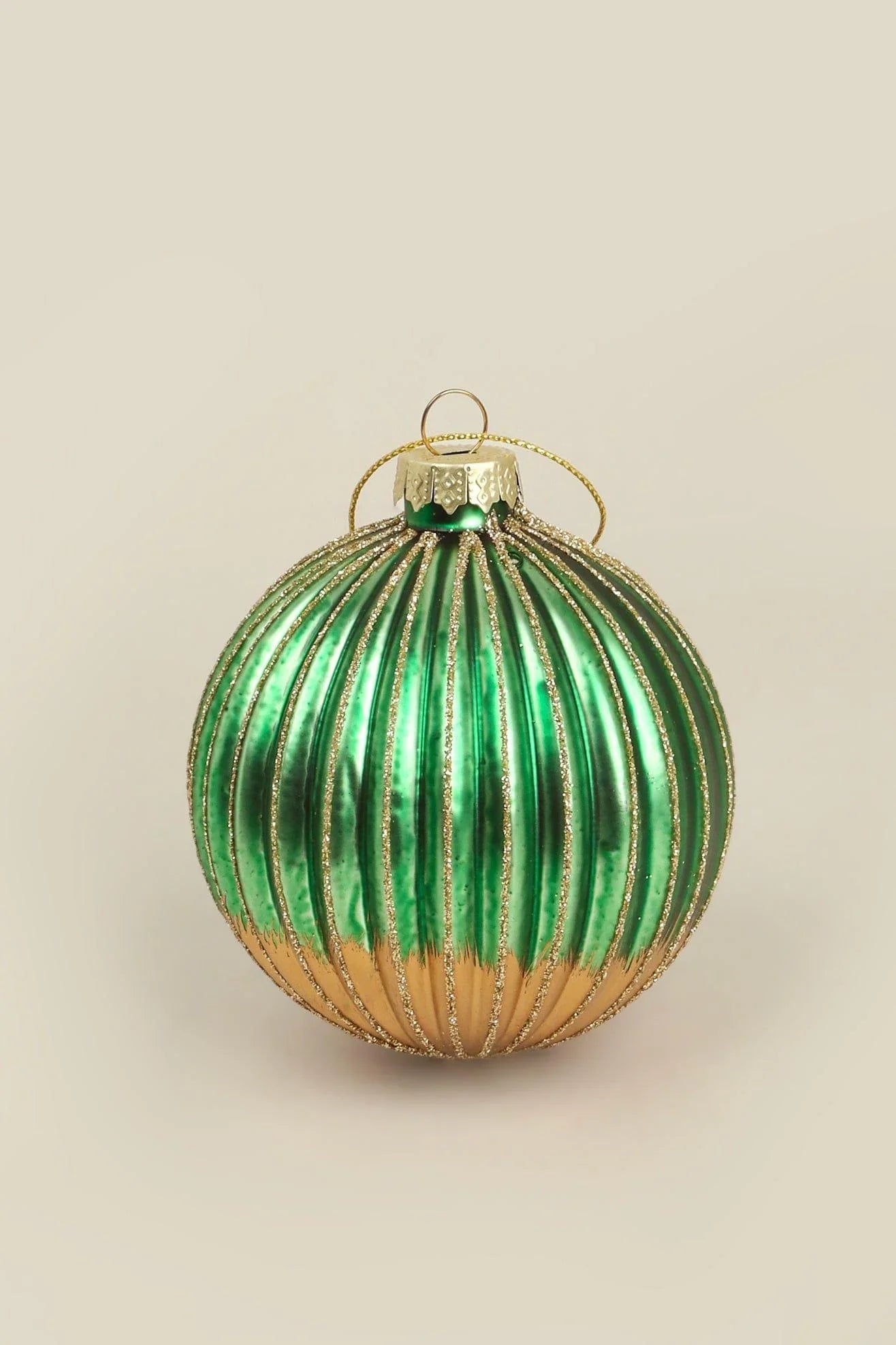 Green and Gold Ribbed Glass Christmas Tree Bauble — lifestyle view, G Decor
