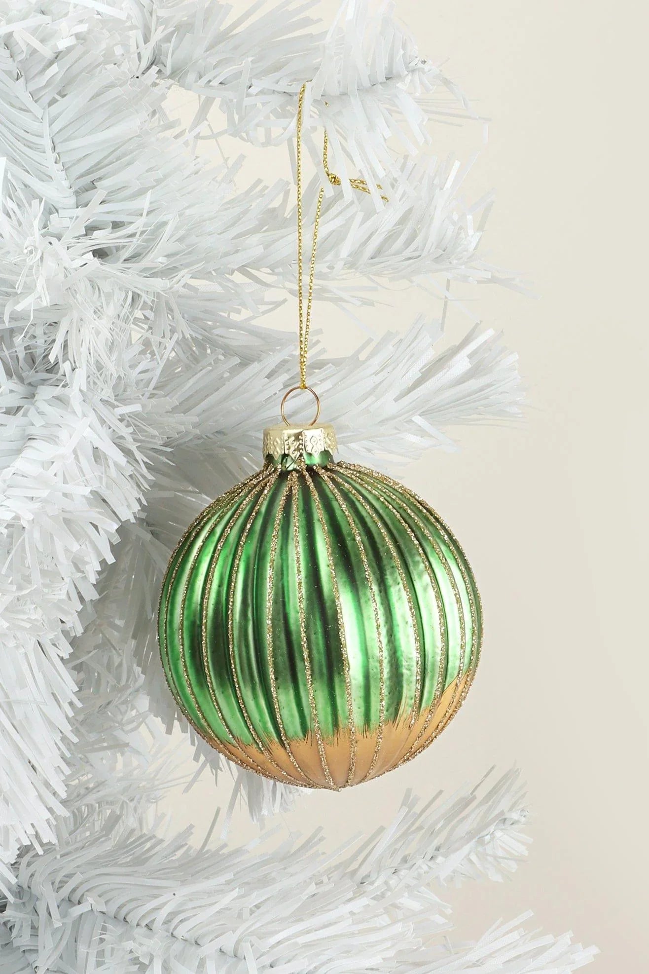 Green and Gold Ribbed Glass Christmas Tree Bauble — alternate view, G Decor