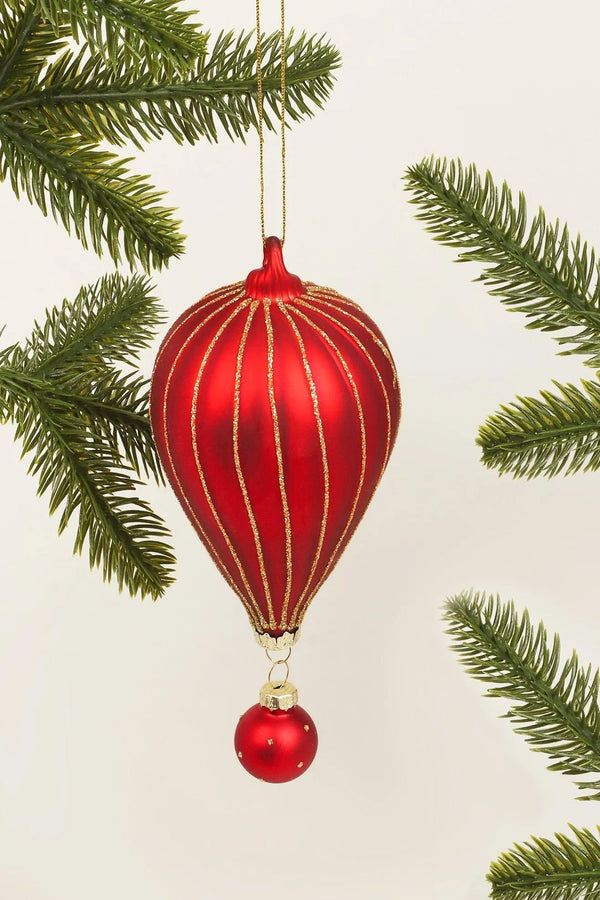 Hand-Painted Glass Hot Air Balloon Christmas Bauble in Red and Gold