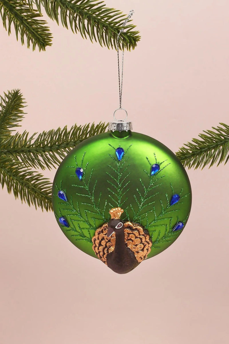 Hand-Blown Glass Majestic Peacock Christmas Bauble in Green