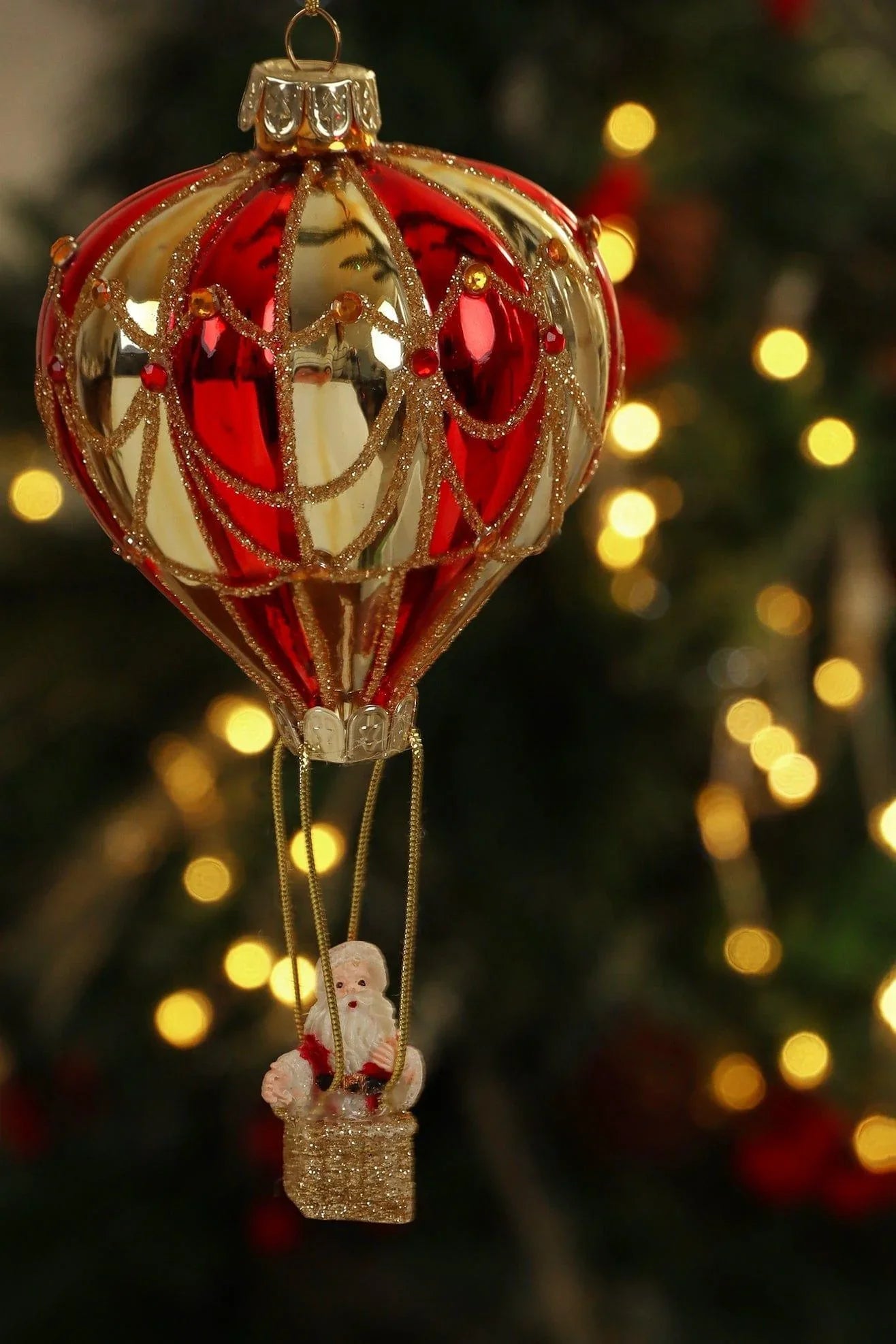 Glass North Pole Santa Hot Air Balloon Christmas Bauble — view 7, G Decor