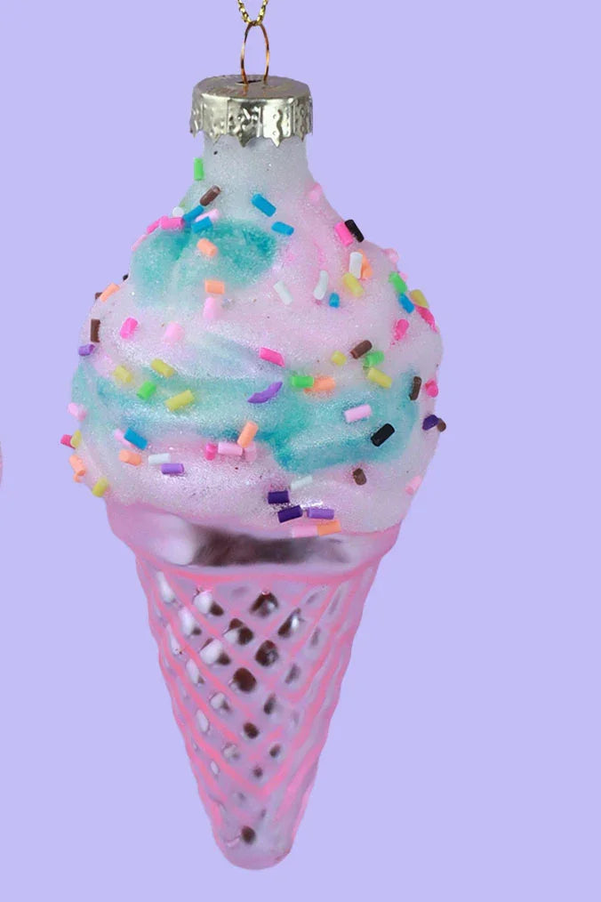Glass Sundae Swirl Cone Hand-Painted Ice Cream Tree Decoration Vanilla Strawberry & Candy Sprinkles Ornaments - G Decor
