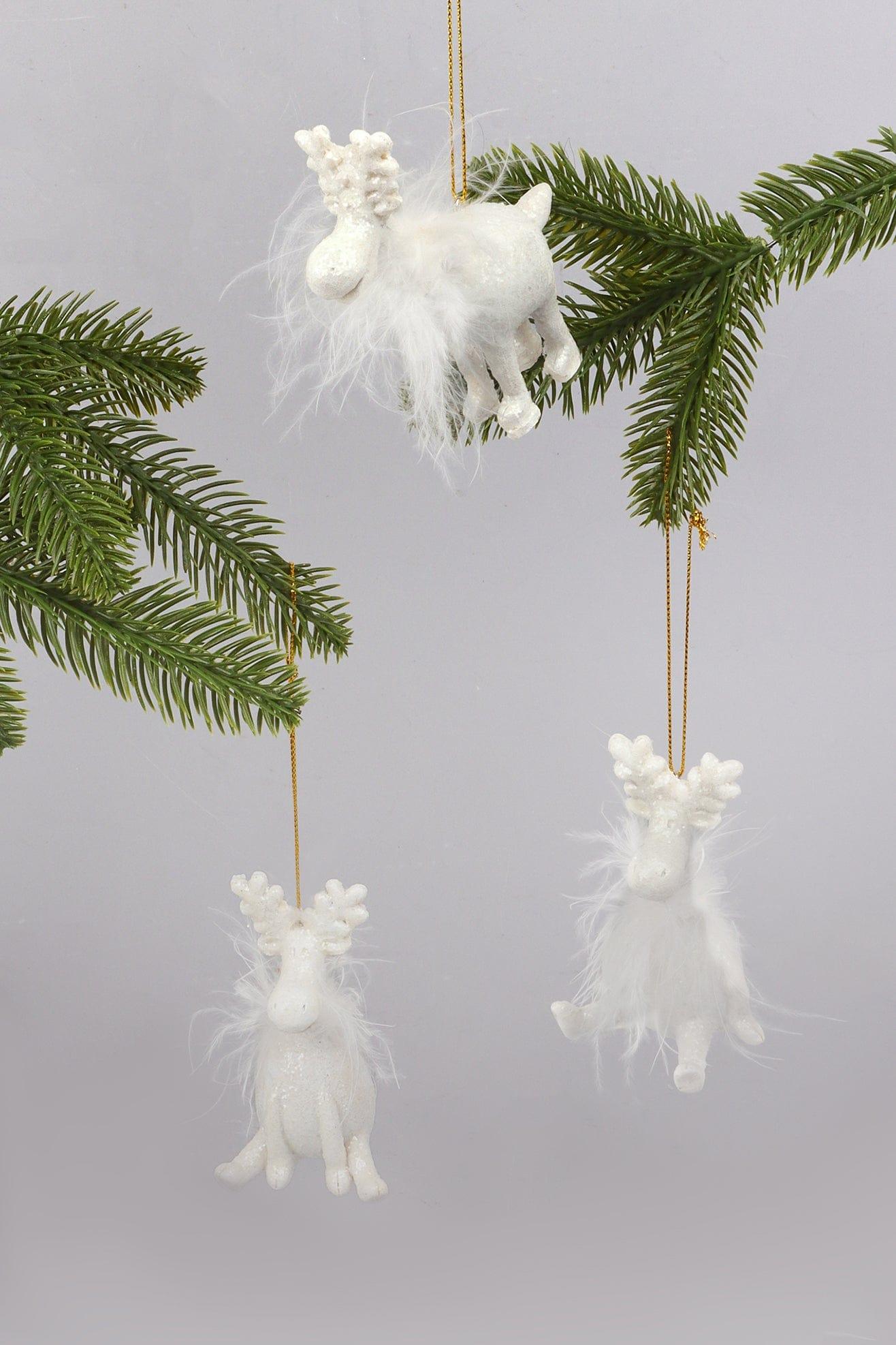 G Decor Christmas Decorations Glittery and Fluffy White Cartoon Reindeer Ornaments