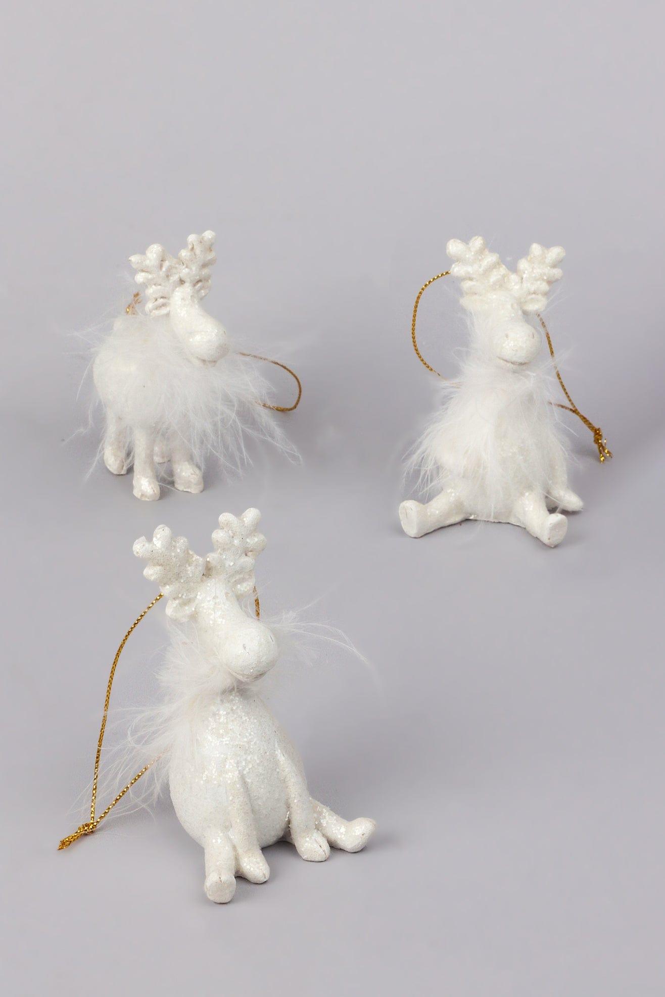 G Decor Christmas Decorations White / Set of All 3 Glittery and Fluffy White Cartoon Reindeer Ornaments