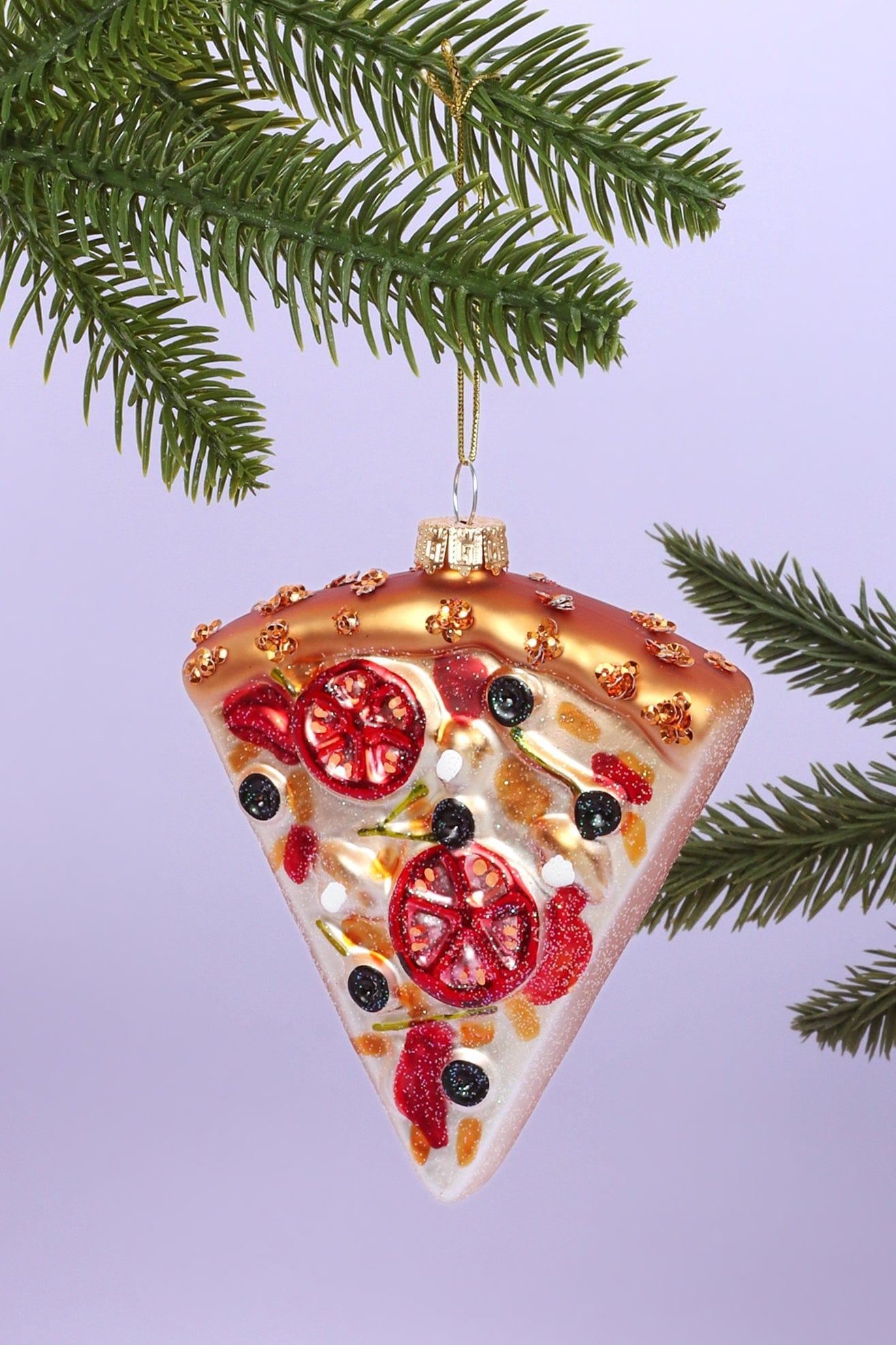 G Decor Christmas Decorations Red Glittery Glass Slice of Pizza Christmas Tree Ornament - Bedazzled Delight