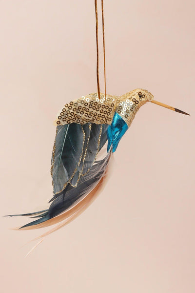 G Decor Christmas Decorations Blue Gold Bird Christmas Tree Decoration with Sequins and Feathers