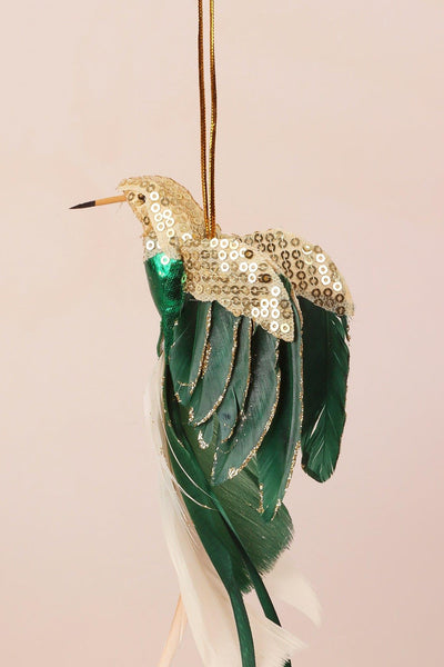 G Decor Christmas Decorations Green Gold Bird Christmas Tree Decoration with Sequins and Feathers