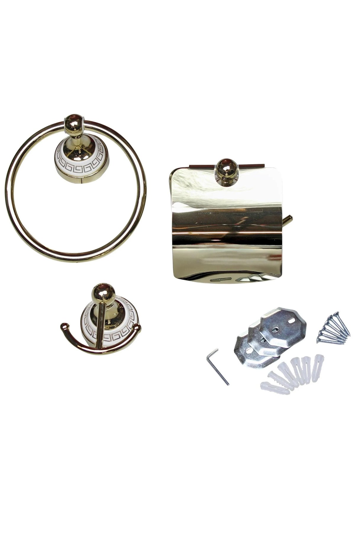 The three gold bathroom pieces with the fixings: wall plates, screws, wall plugs and an Allen key