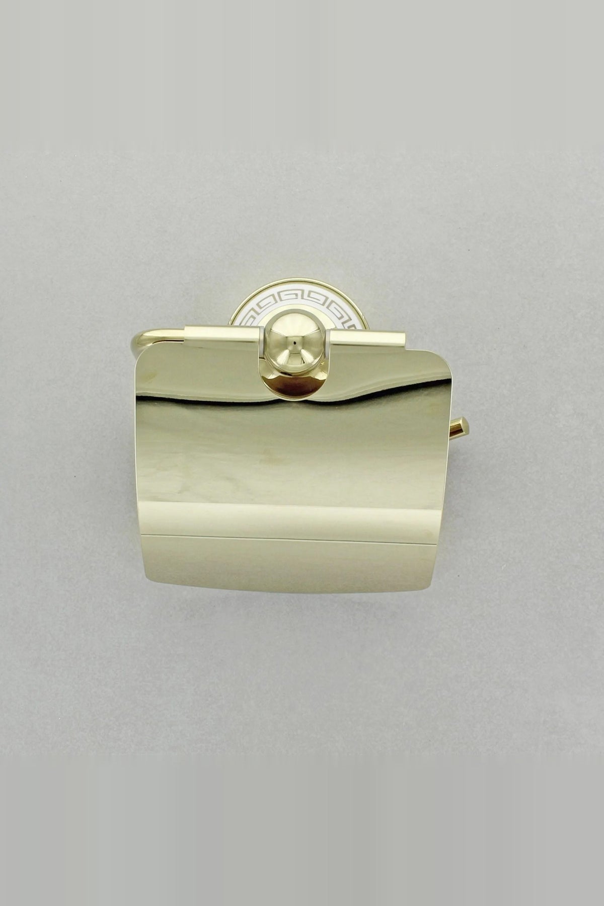 Gold toilet roll holder seen from the front with the cover down
