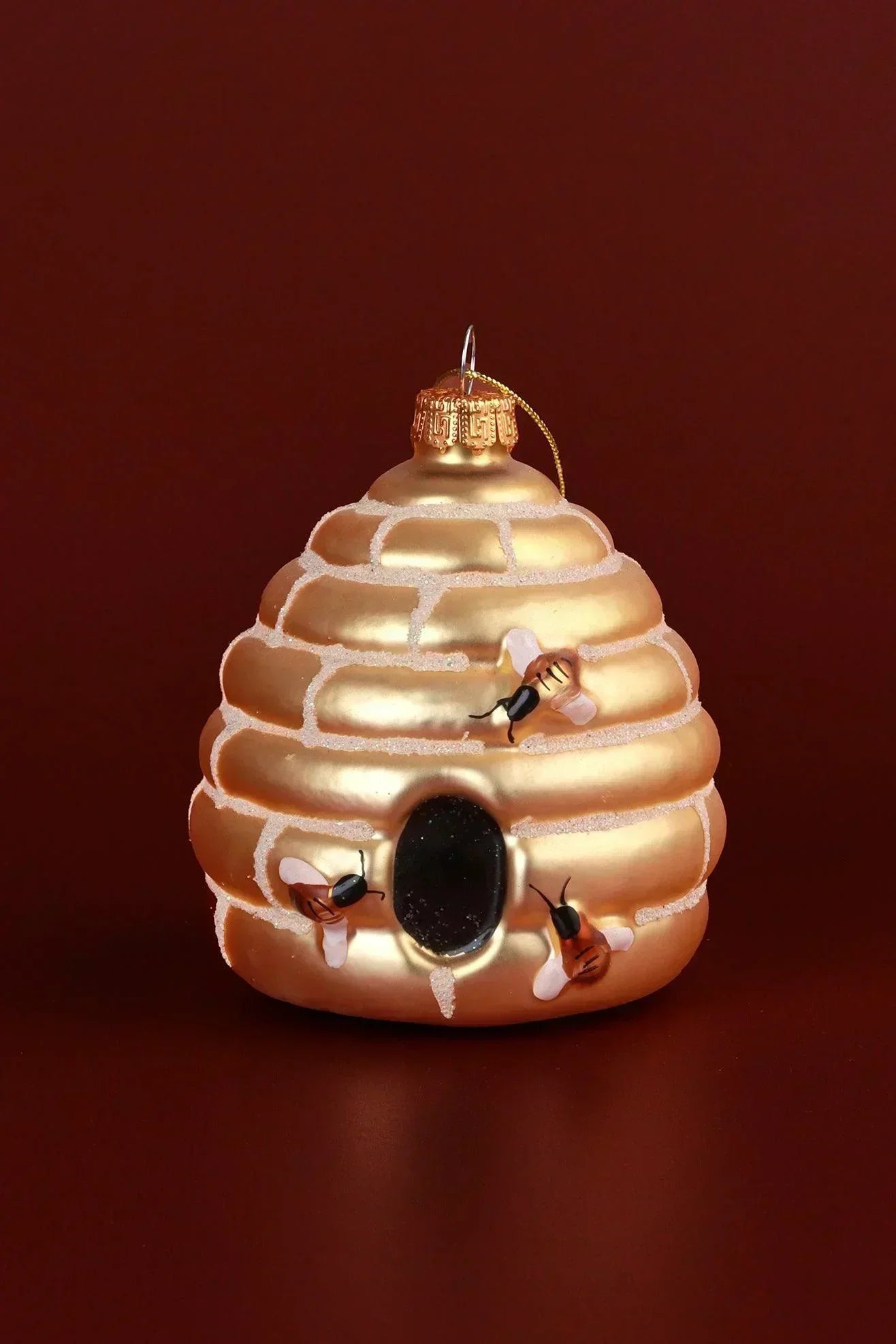 Hand-Painted Golden Beehive Glass Christmas Bauble — close-up view, G Decor