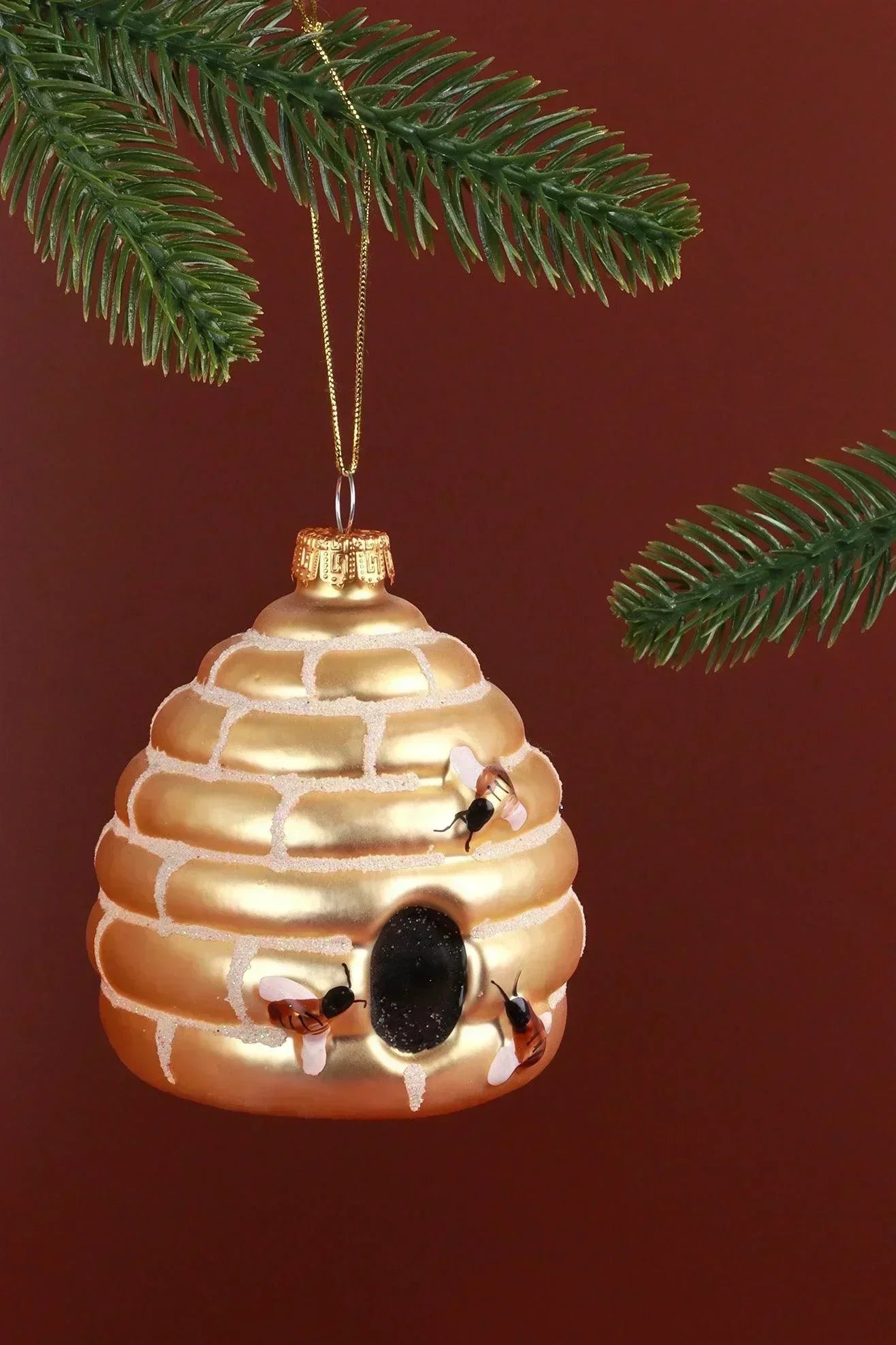 Hand-Painted Golden Beehive Glass Christmas Bauble — G Decor