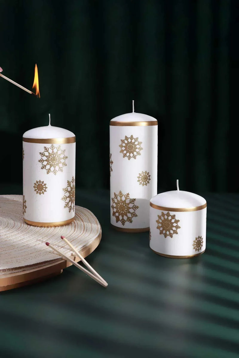 Golden Snowflake Pillar Candle with Gold Foil Trim and White Wax