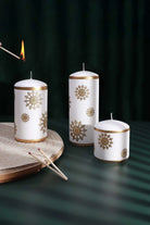Golden Snowflake Hand-Finished Pillar Candle Winter Large Candle with Gold Foil Trim & White Wax - G Decor