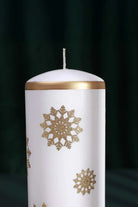 Golden Snowflake Pillar Candle with Gold Foil Trim and White Wax — alternate view, G Decor