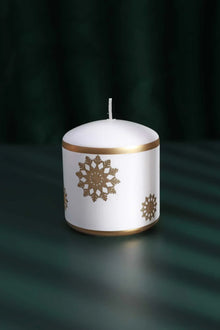 Golden Snowflake Pillar Candle with Gold Foil Trim and White Wax
