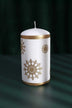 Golden Snowflake Pillar Candle with Gold Foil Trim and White Wax — lifestyle view, G Decor