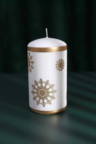 Golden Snowflake Hand-Finished Pillar Candle Winter Large Candle with Gold Foil Trim & White Wax - G Decor