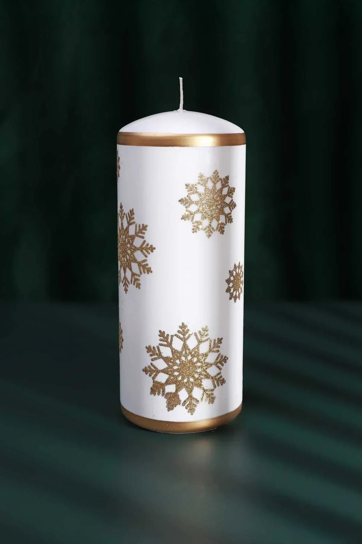 Golden Snowflake Pillar Candle with Gold Foil Trim and White Wax — view 5, G Decor