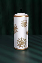Golden Snowflake Pillar Candle with Gold Foil Trim and White Wax — view 5, G Decor