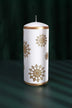 Golden Snowflake Pillar Candle with Gold Foil Trim and White Wax — view 5, G Decor