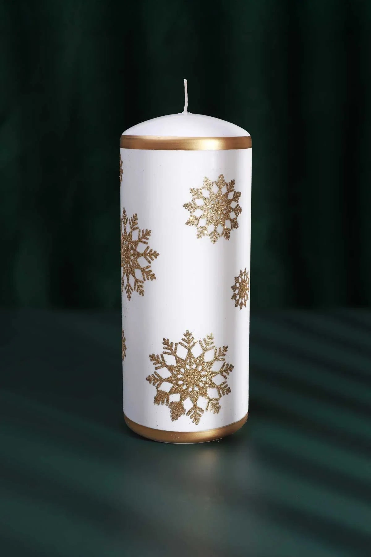 Golden Snowflake Hand-Finished Pillar Candle Winter Large Candle with Gold Foil Trim & White Wax - G Decor