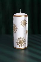 Golden Snowflake Hand-Finished Pillar Candle Winter Large Candle with Gold Foil Trim & White Wax - G Decor