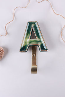 Green Ceramic Letter Hook, Initial Wall Hook A to Z or &, Gold Rim Alphabet Coat Hook