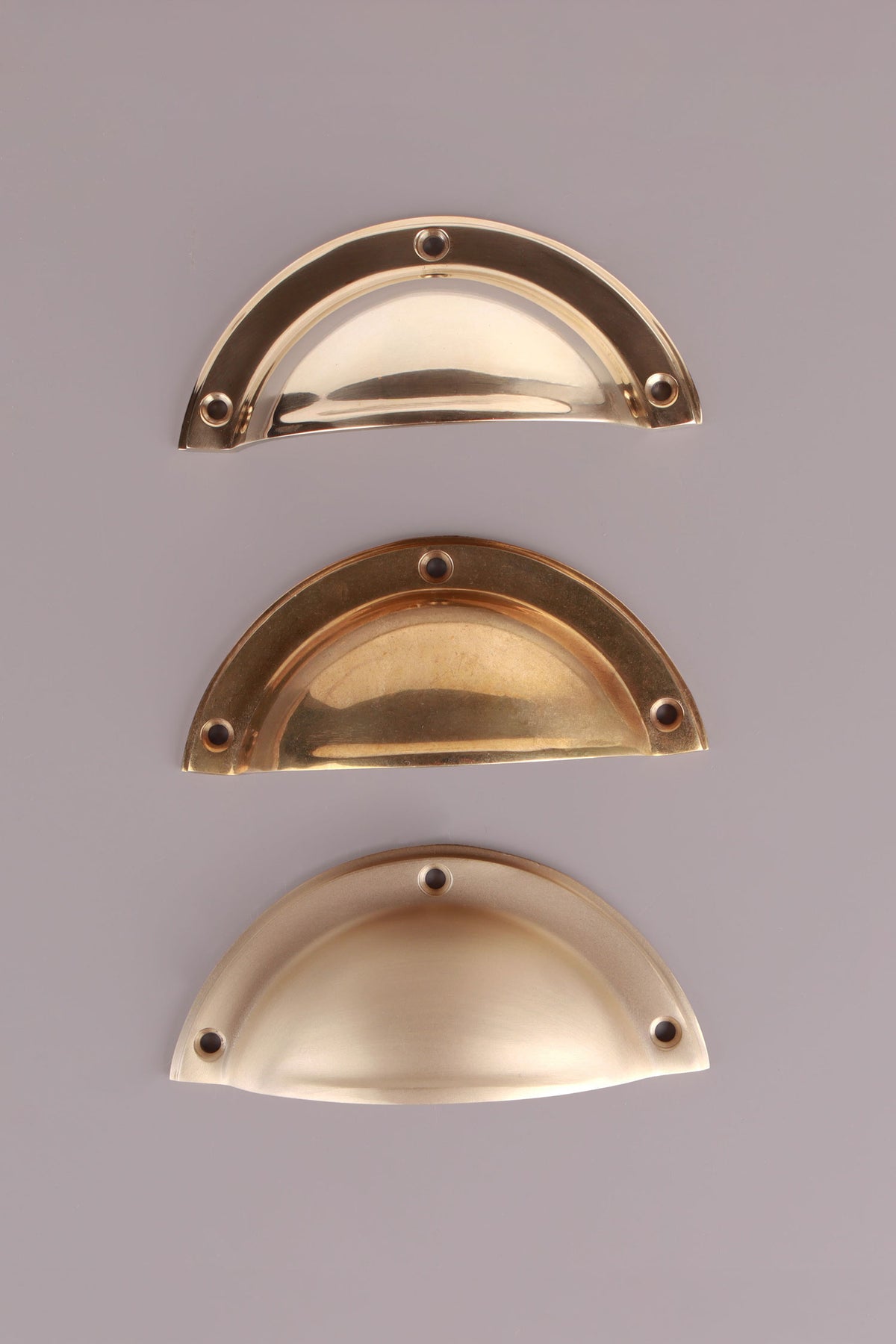 Half moon cup pull in polished, aged and satin brass, second view