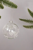 Hand-Blown Clear Glass Christmas Bauble with Hand-Painted Silver Glitter Hearts Hanging Decoration - G Decor