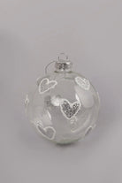 Hand-Blown Clear Glass Christmas Bauble with Silver Glitter Hearts — close-up view, G Decor
