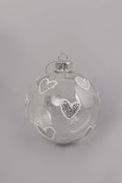Hand-Blown Clear Glass Christmas Bauble with Hand-Painted Silver Glitter Hearts Hanging Decoration - G Decor
