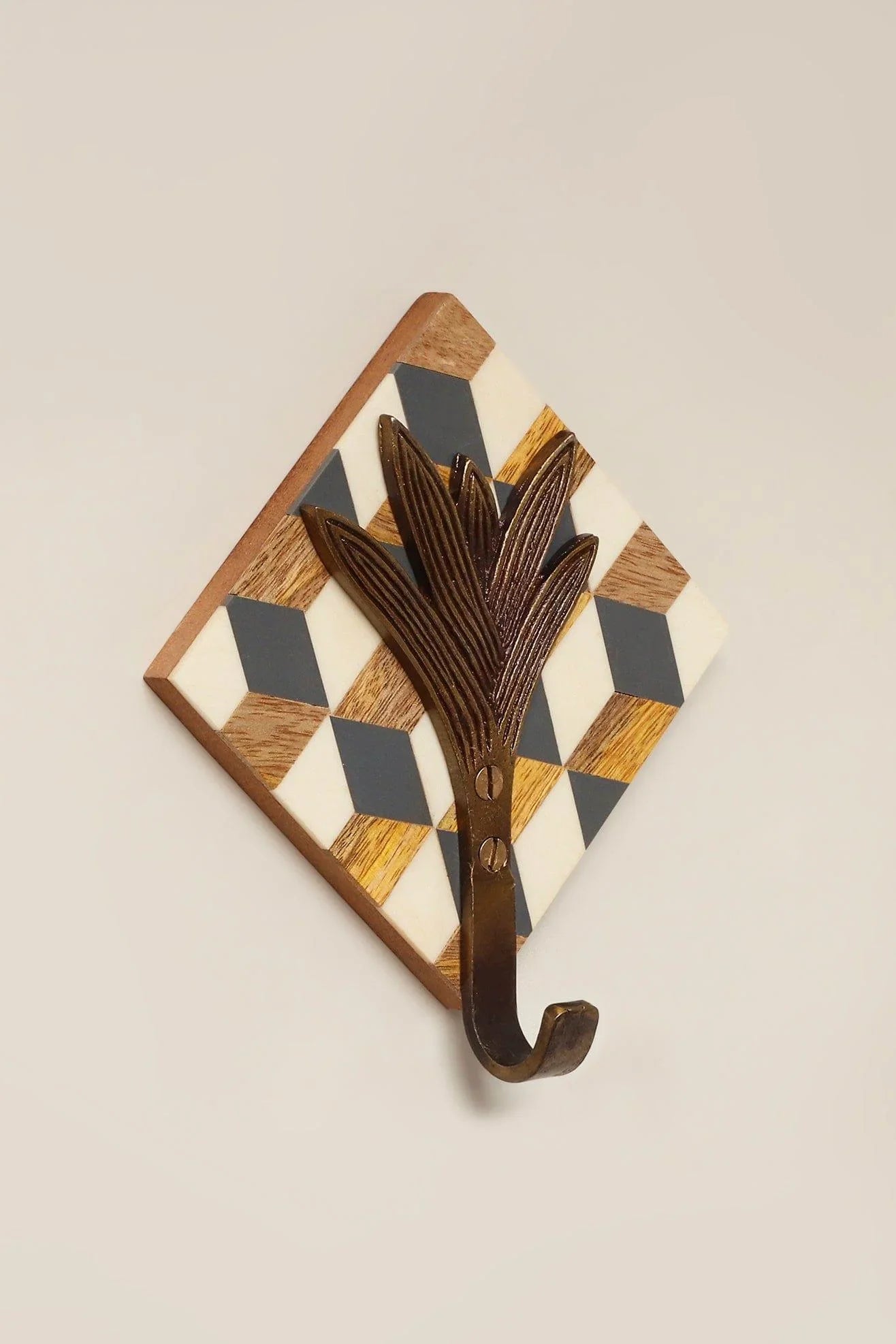 Antique Brass Wall Hook on Cubic Wooden Base — alternate view, G Decor