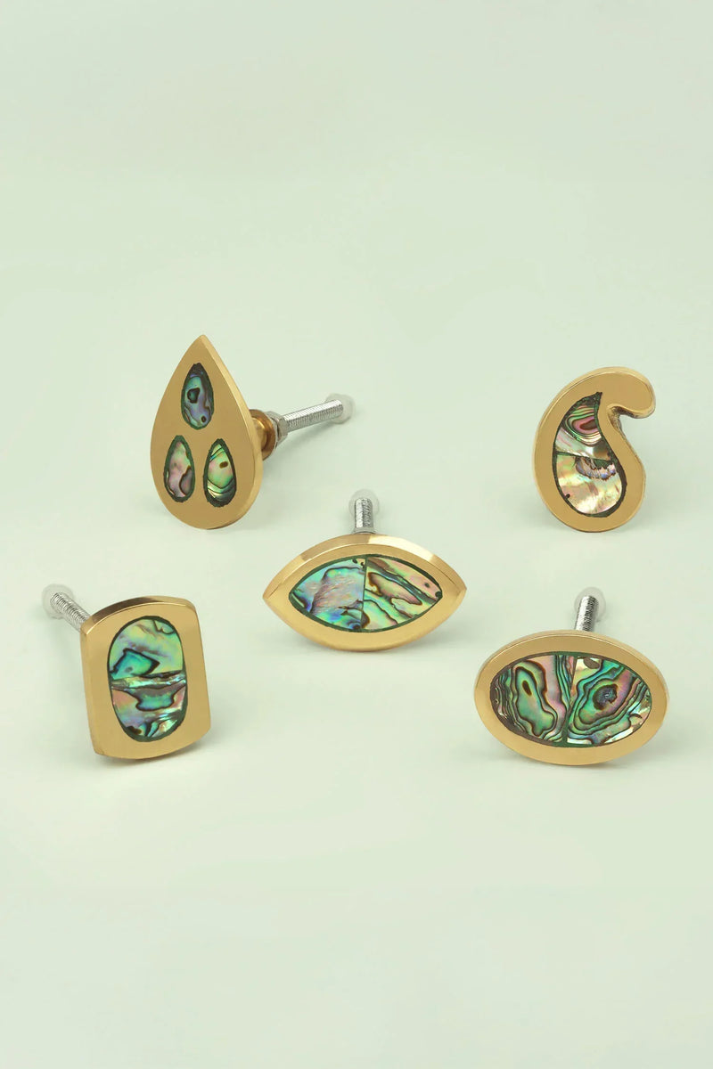 Designer Mother of Pearl Irregular Cabinet Knob in Polished Brass