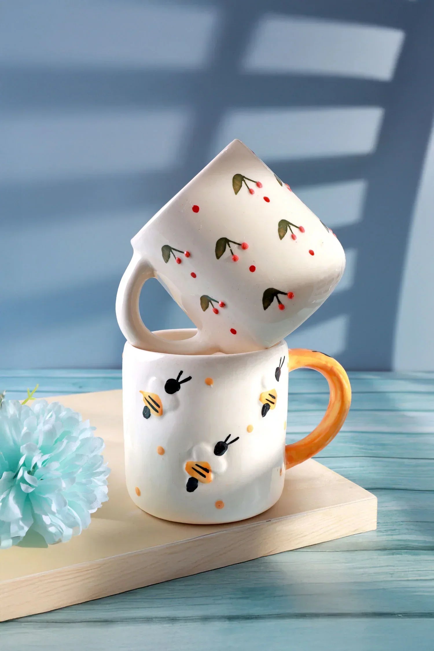Hand-Painted Bee and Cherry Ceramic Mug Collection — alternate view, G Decor
