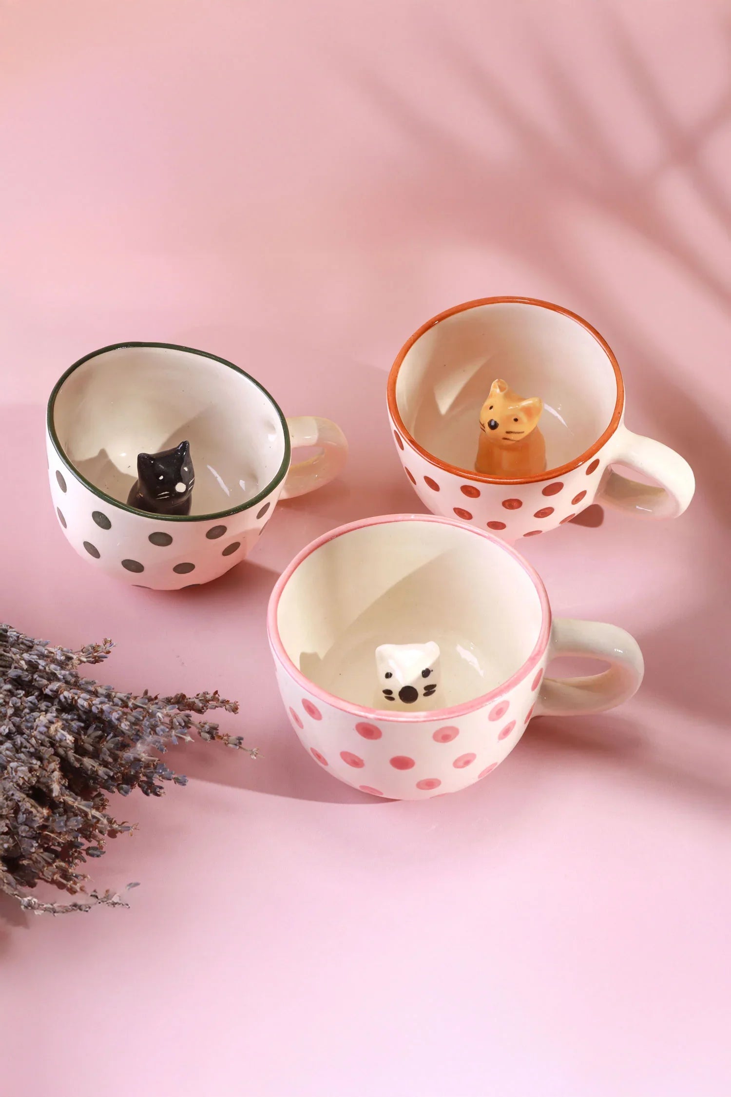 Handmade & Hand-Painted Peekaboo Cats Polka Dot Mug Collection Ceramic Tea & Coffee Cups with 3D Kitty Inside - G Decor