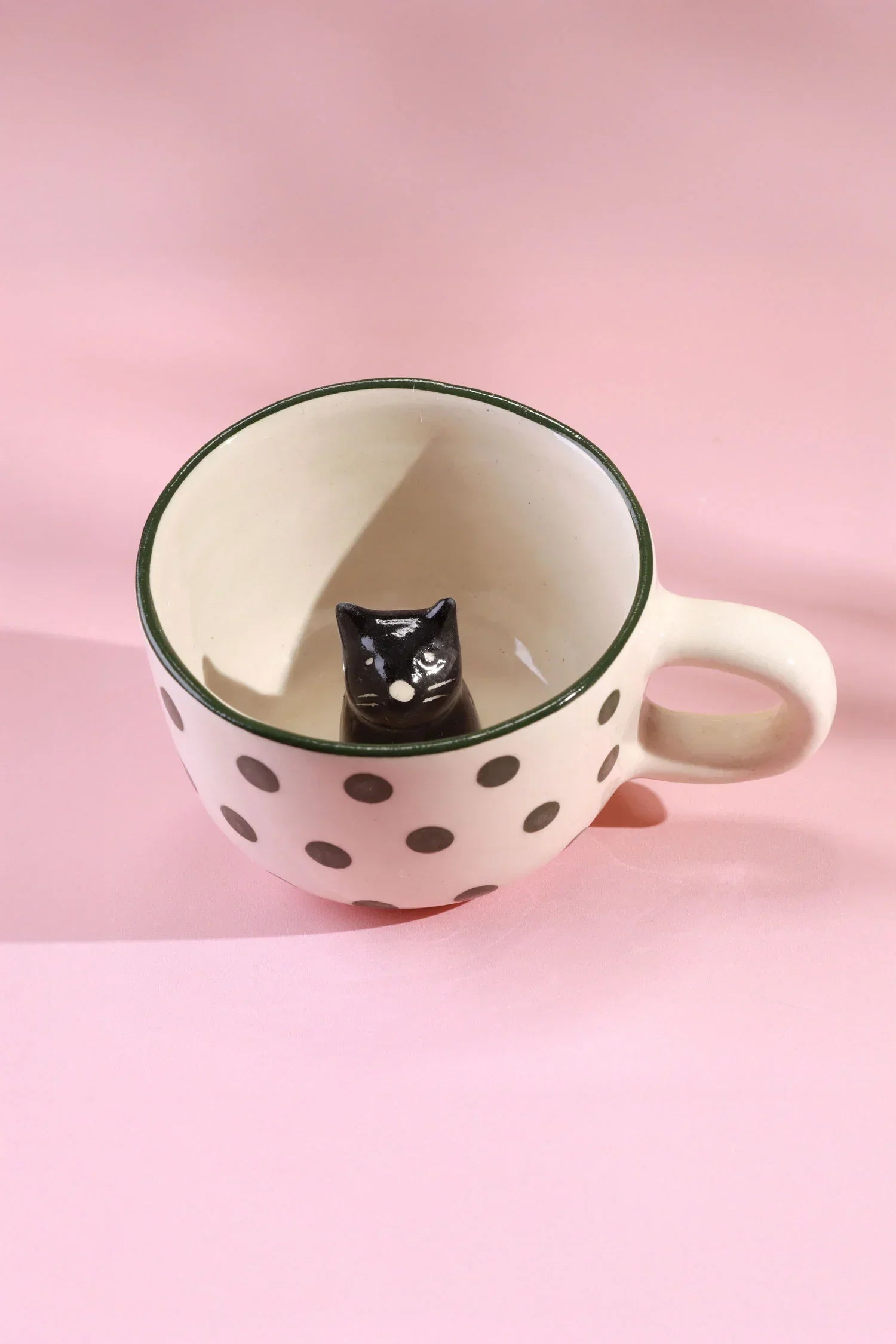 Hand-Painted Peekaboo Cats Polka Dot Ceramic Mug with 3D Kitty — lifestyle view, G Decor