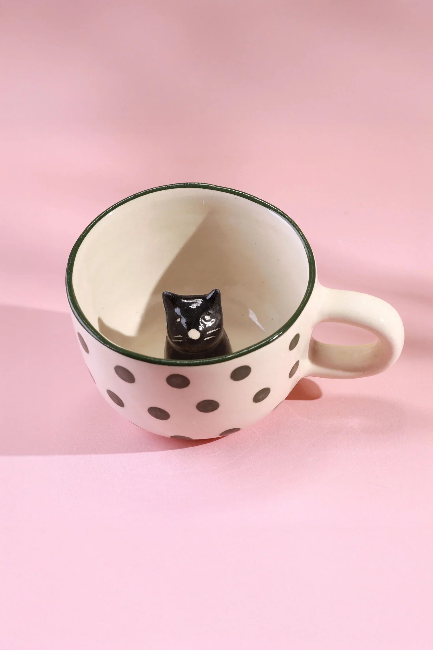Handmade & Hand-Painted Peekaboo Cats Polka Dot Mug Collection Ceramic Tea & Coffee Cups with 3D Kitty Inside - G Decor