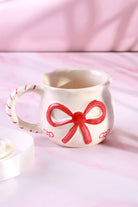 Handmade & Hand-Painted Red Bow Gift Mug Ceramic Tea & Coffee Cup with Ribbon Design - G Decor