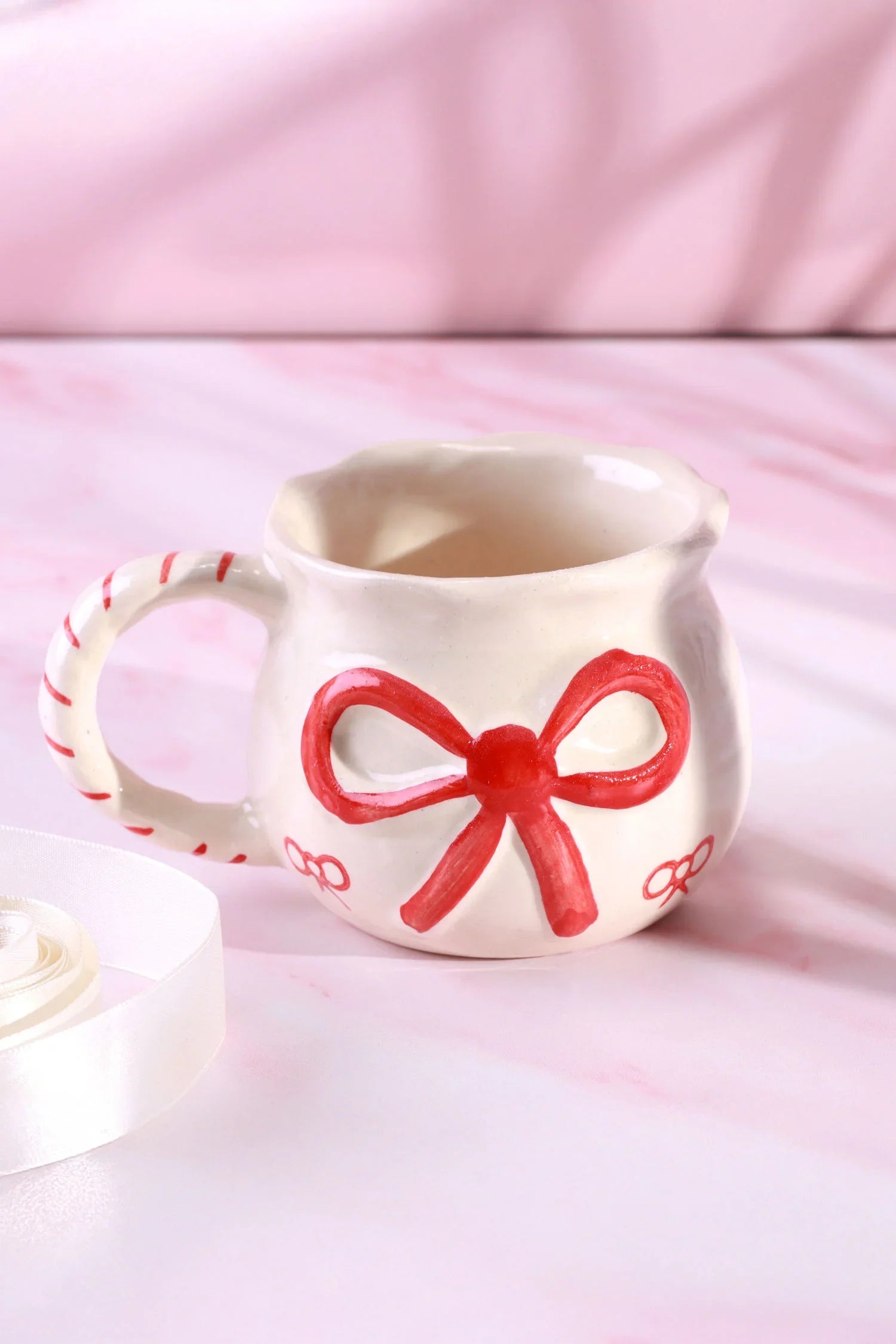 Handmade & Hand-Painted Red Bow Gift Mug Ceramic Tea & Coffee Cup with Ribbon Design - G Decor