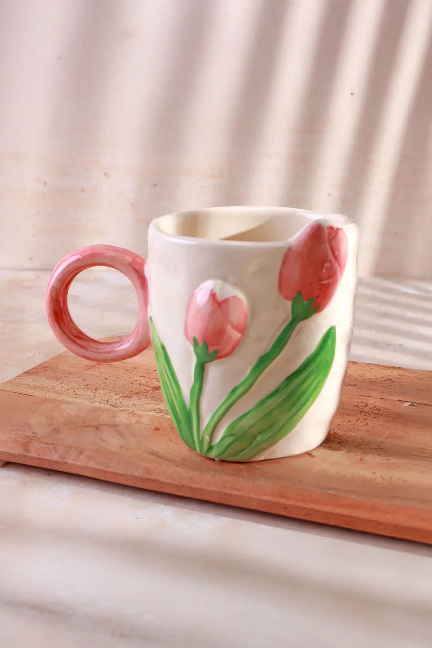 Hand-Painted Tulip and Hearts Ceramic Mug Collection — lifestyle view, G Decor