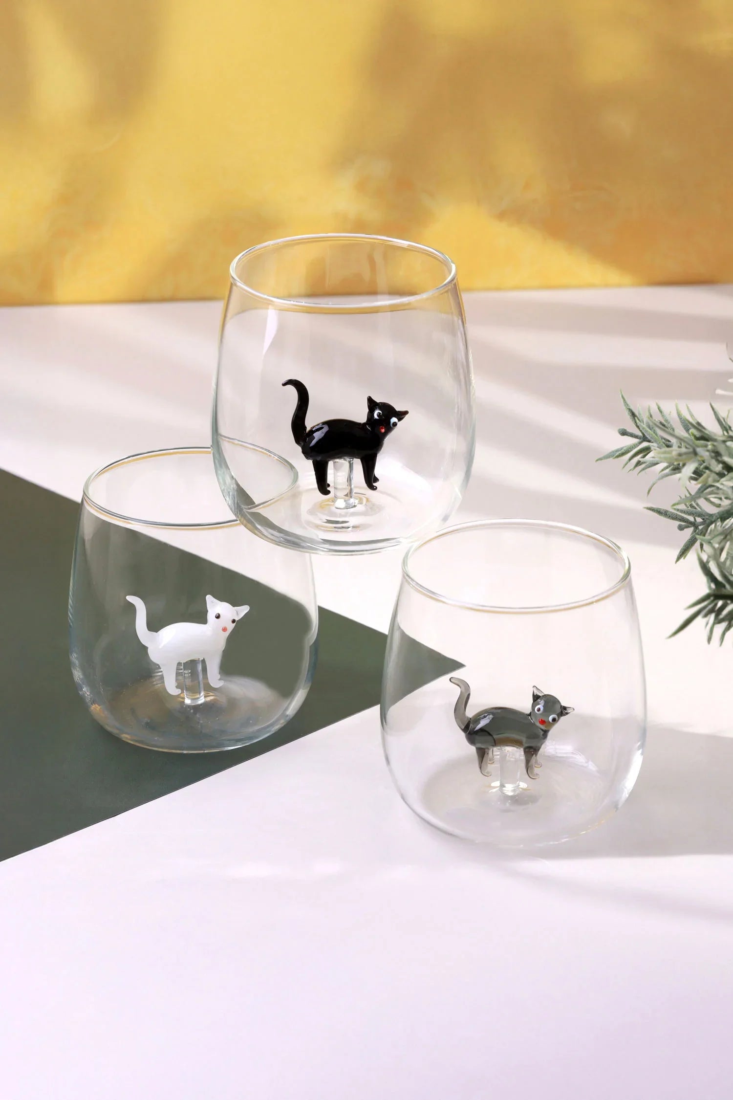 Handmade Curious & Playful Cats Glass Tumbler & Cup Collection Clear Cat Figurine Drinkware - G Decor