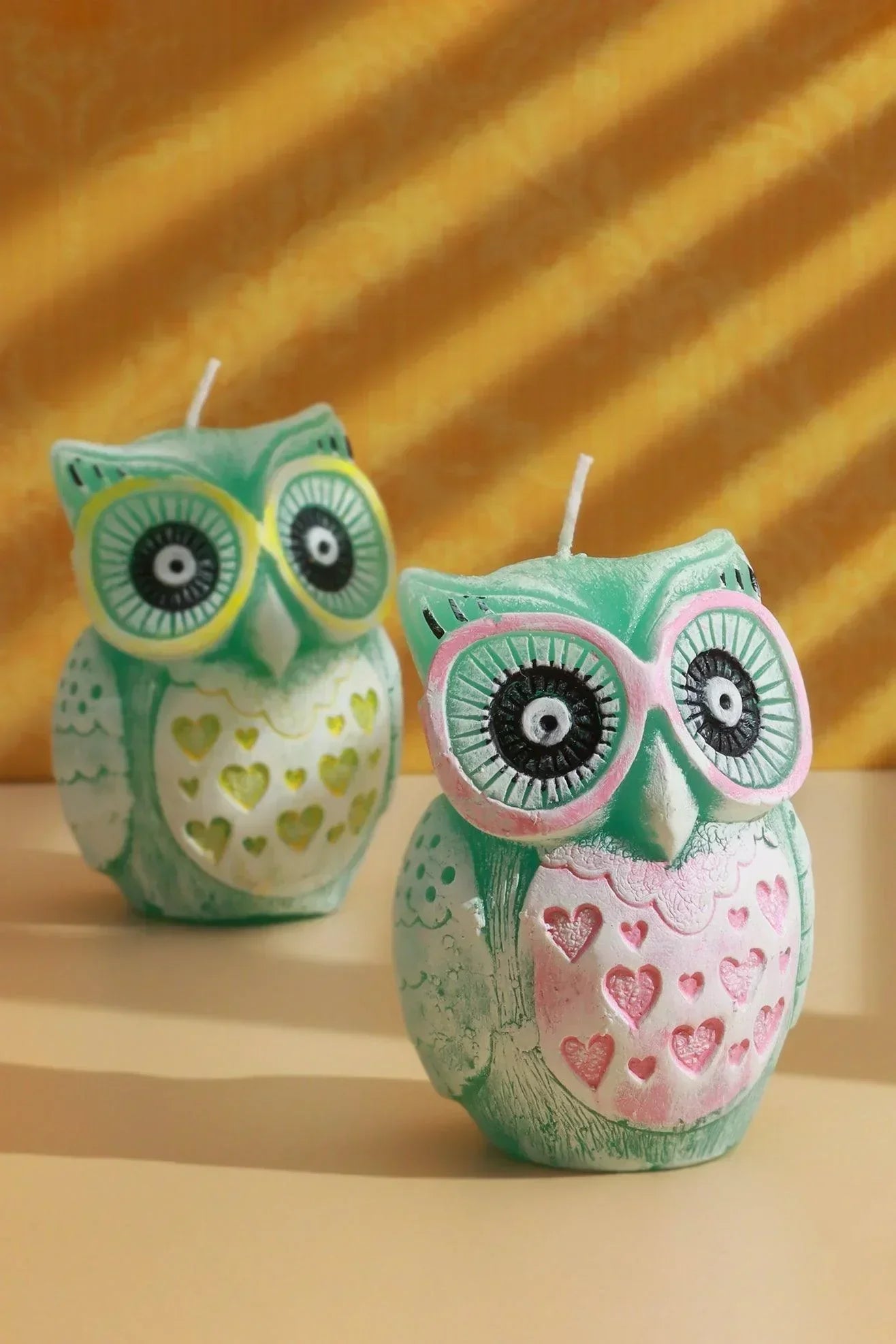 Handmade Hootique Owl Couple Candle Pink & Yellow Owls Looking For Trouble - G Decor