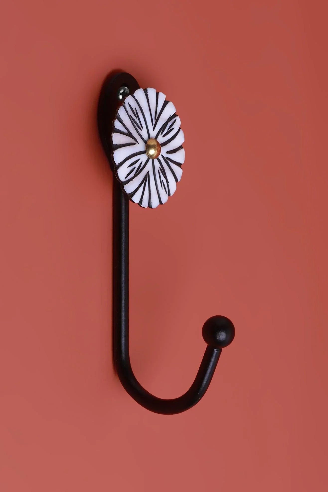 Hand-Painted White Mother of Pearl Bloom Wall Coat Hook — close-up view, G Decor