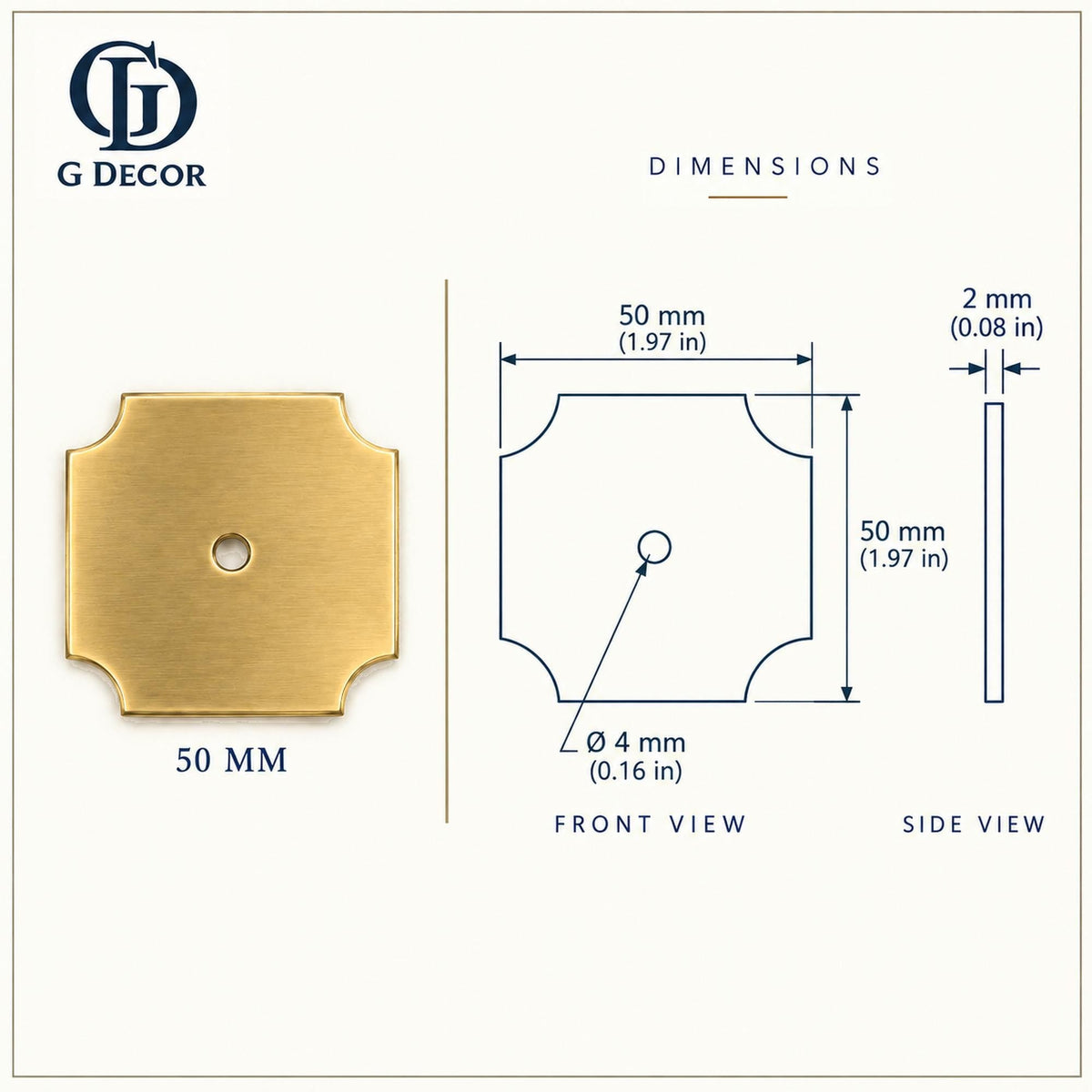 Dimension drawing, square satin brass backplate with inward-curved corners, 50 x 50mm
